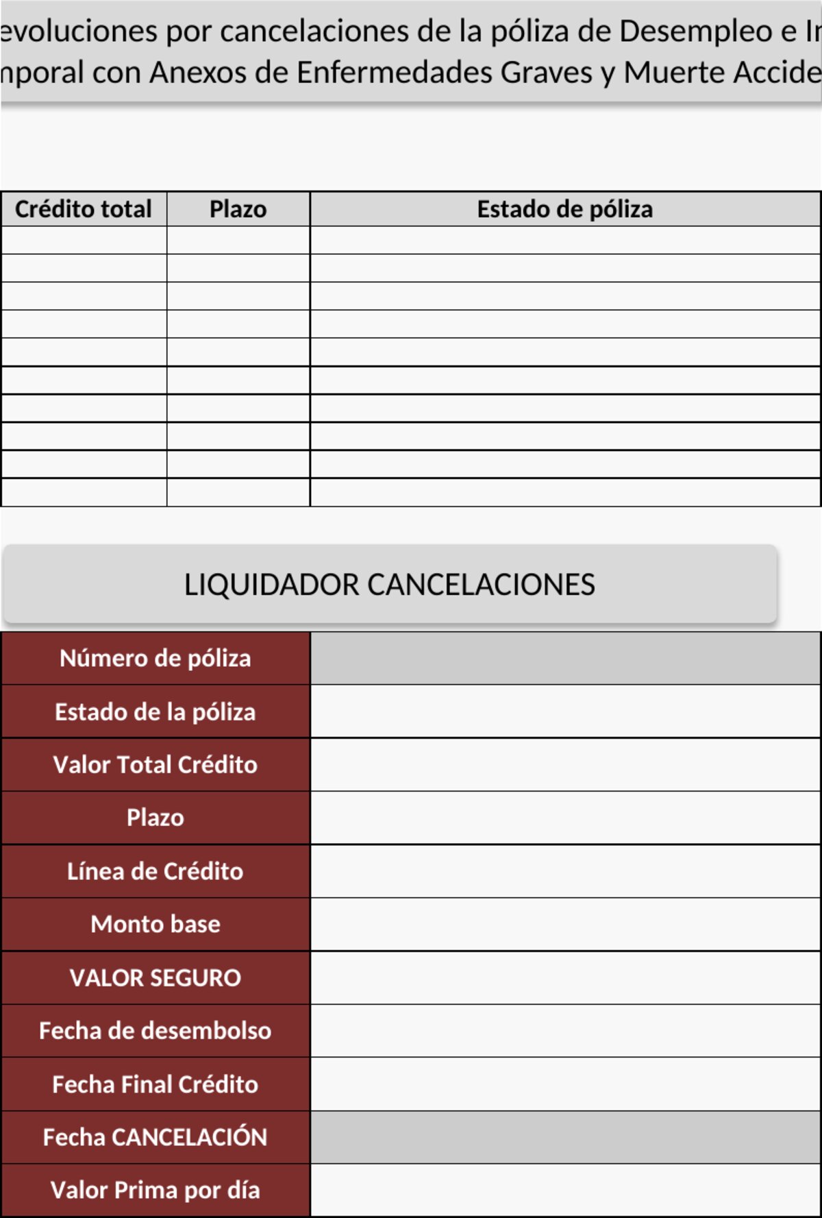 Liquidation panel with policy data and refund fields